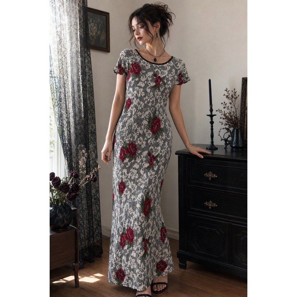 Mary McFadden Collection Maxi Dress Womens 6 Multicolor Excellent Floral Lace‎